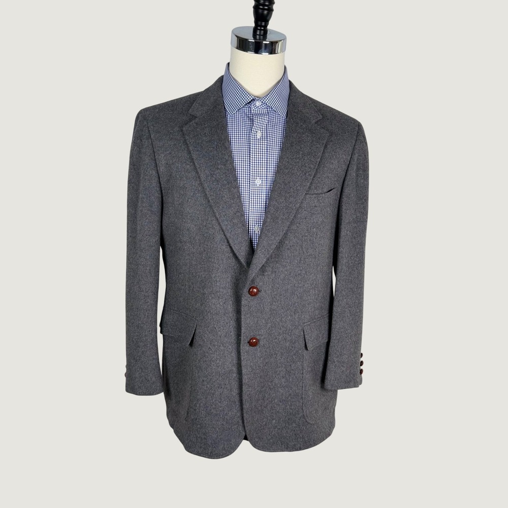 Vtg Cricketeer 44R Grey Wool Flannel Sport Coat Blazer USA Leather Button